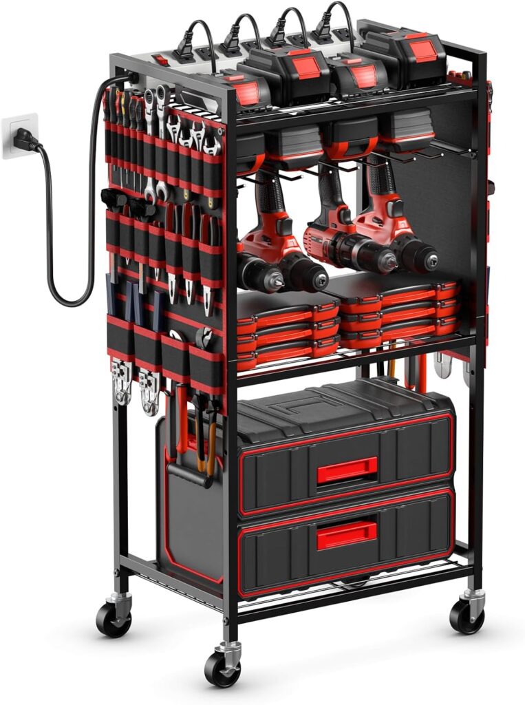 Carrito Organizador Grande para Herramientas Eléctricas con Estación de Carga, Carrito de Almacenamiento Rodante de Pie para Garaje con Taladro y Baterías de Herramientas sobre Ruedas, Estante