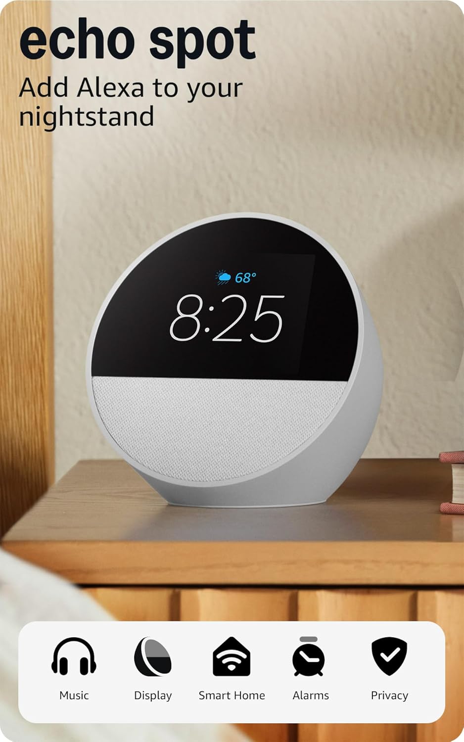 Amazon Echo Spot (modelo más reciente): ideal para mesitas de noche, oficinas y cocinas, incluye despertador inteligente con Alexa (blanco glaciar) - Image 4