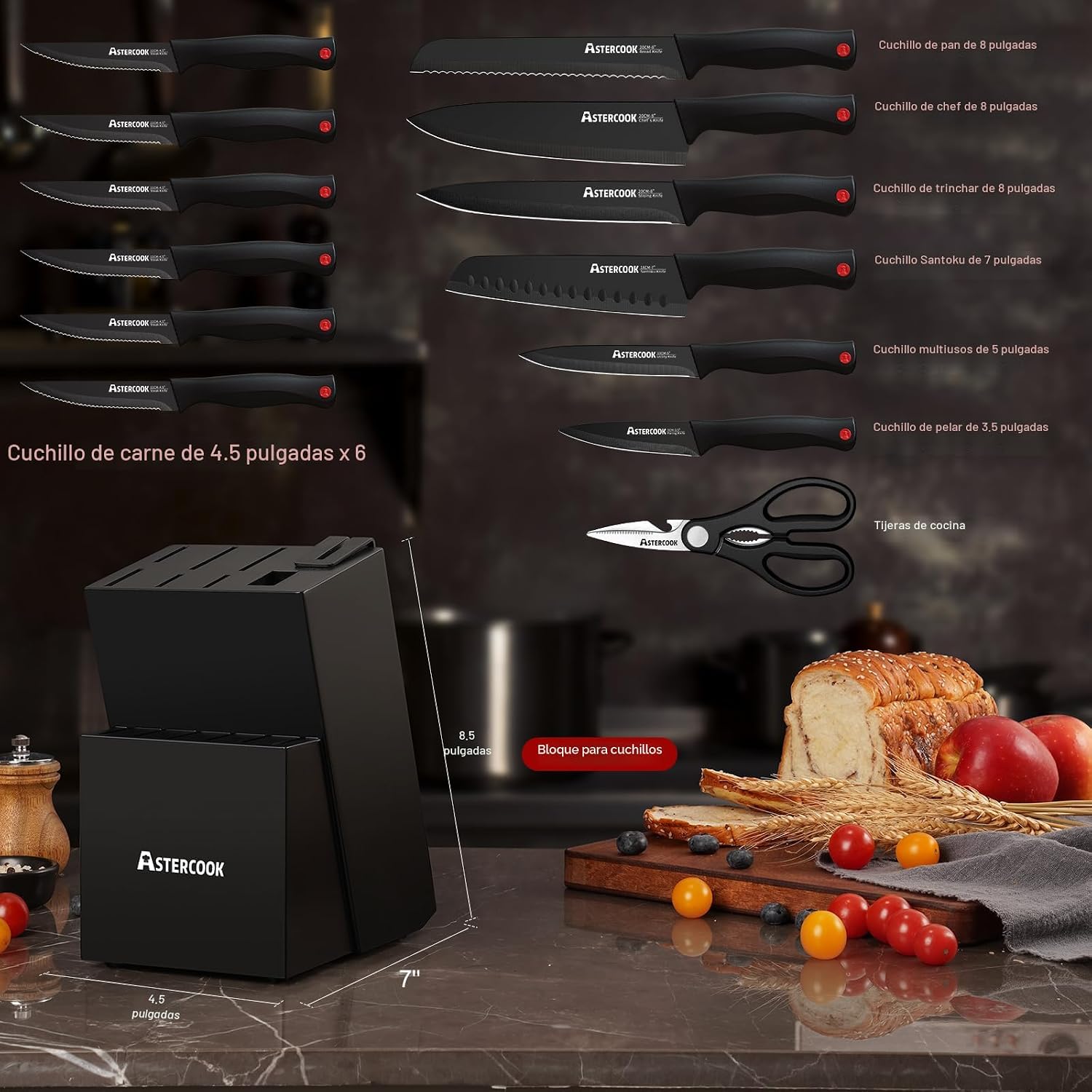 Astercook - Juego de cuchillos de 15 piezas para cocina con bloque, juego de cuchillos de cocina aptos para lavavajillas con bloque afilador integrado, juego de bloques de cuchillos de acero inoxidable alemán, color negro - Image 3