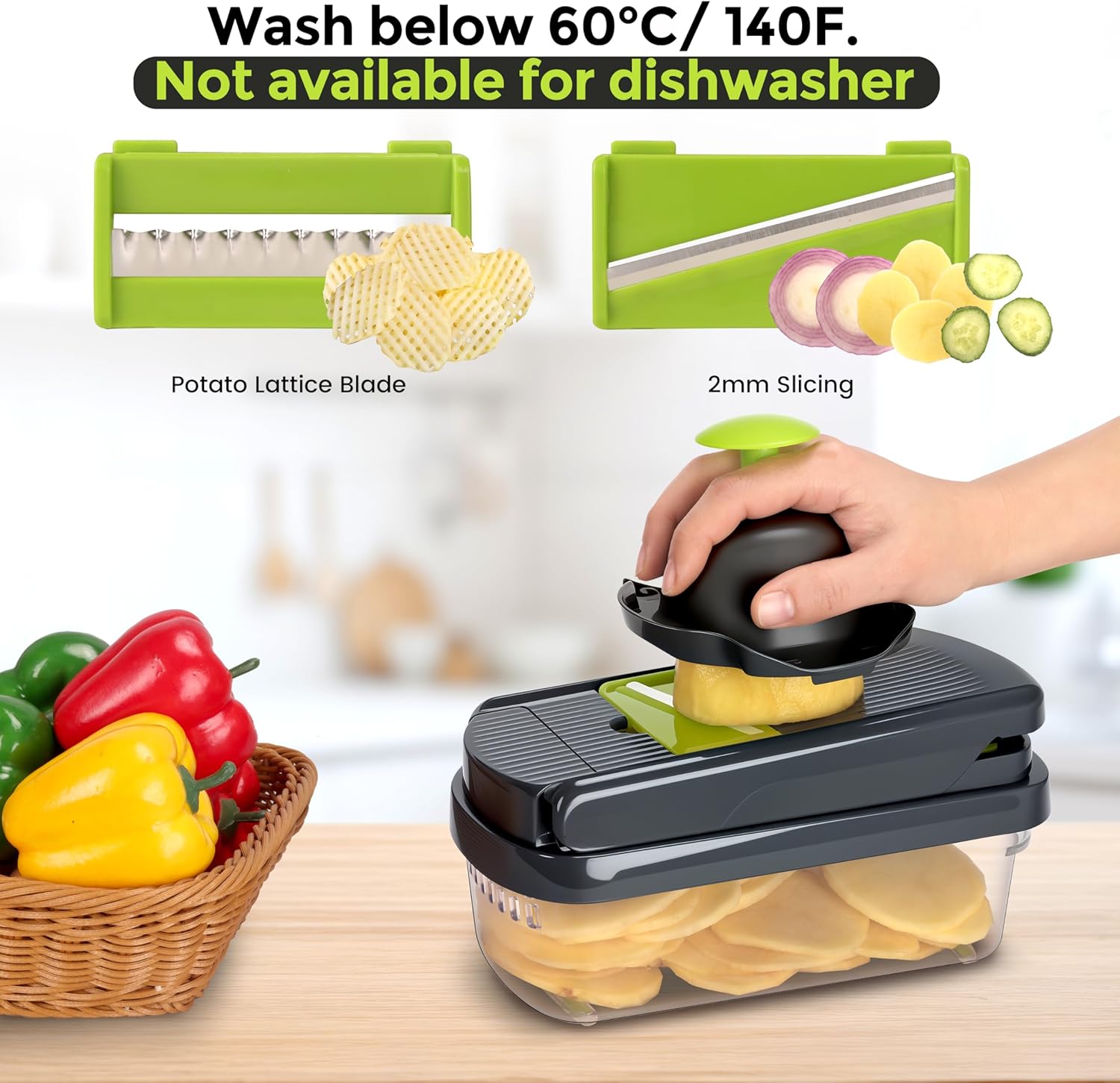 Yusshn Picador de verduras, picador de alimentos multifuncional 12 en 1, picador profesional de cebolla con 7 cuchillas, cortador de verduras con recipiente para ensalada, papa, zanahoria y ajo - Image 6