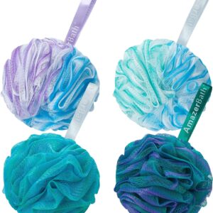AmazerBath Esponja de Lufa 75g/Pieza, Esponja Exfoliante de Baño Exfoliador Corporal - Juego de Lufa de 4 Colores Florales (Grande, Verde-Púrpura)