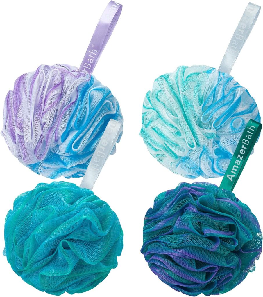 AmazerBath Esponja de Lufa 75g/Pieza, Esponja Exfoliante de Baño Exfoliador Corporal - Juego de Lufa de 4 Colores Florales (Grande, Verde-Púrpura)