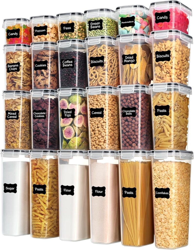 Recipientes herméticos para almacenamiento de alimentos con tapas, Vtopmart 24 piezas recipientes de plástico para organización de cocina y despensa para cereales, alimentos secos, harina y azúcar