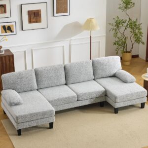 Karl home Juego de sofás seccionales en forma de U de 110 pulgadas para sala de estar, tapicería de chenilla, juego de sofá de 4 asientos con tumbonas dobles y patas de grano de madera para