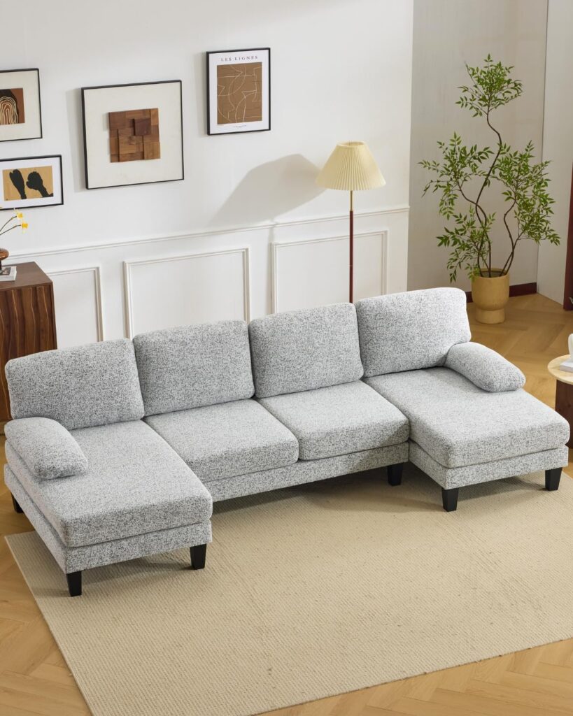 Karl home Juego de sofás seccionales en forma de U de 110 pulgadas para sala de estar, tapicería de chenilla, juego de sofá de 4 asientos con tumbonas dobles y patas de grano de madera para