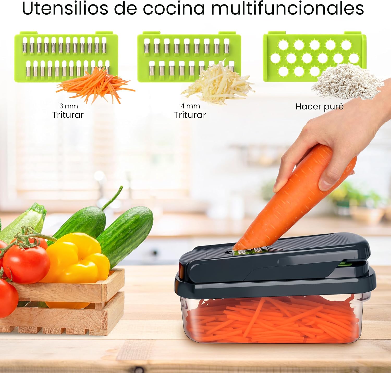 Yusshn Picador de verduras, picador de alimentos multifuncional 12 en 1, picador profesional de cebolla con 7 cuchillas, cortador de verduras con recipiente para ensalada, papa, zanahoria y ajo - Image 5