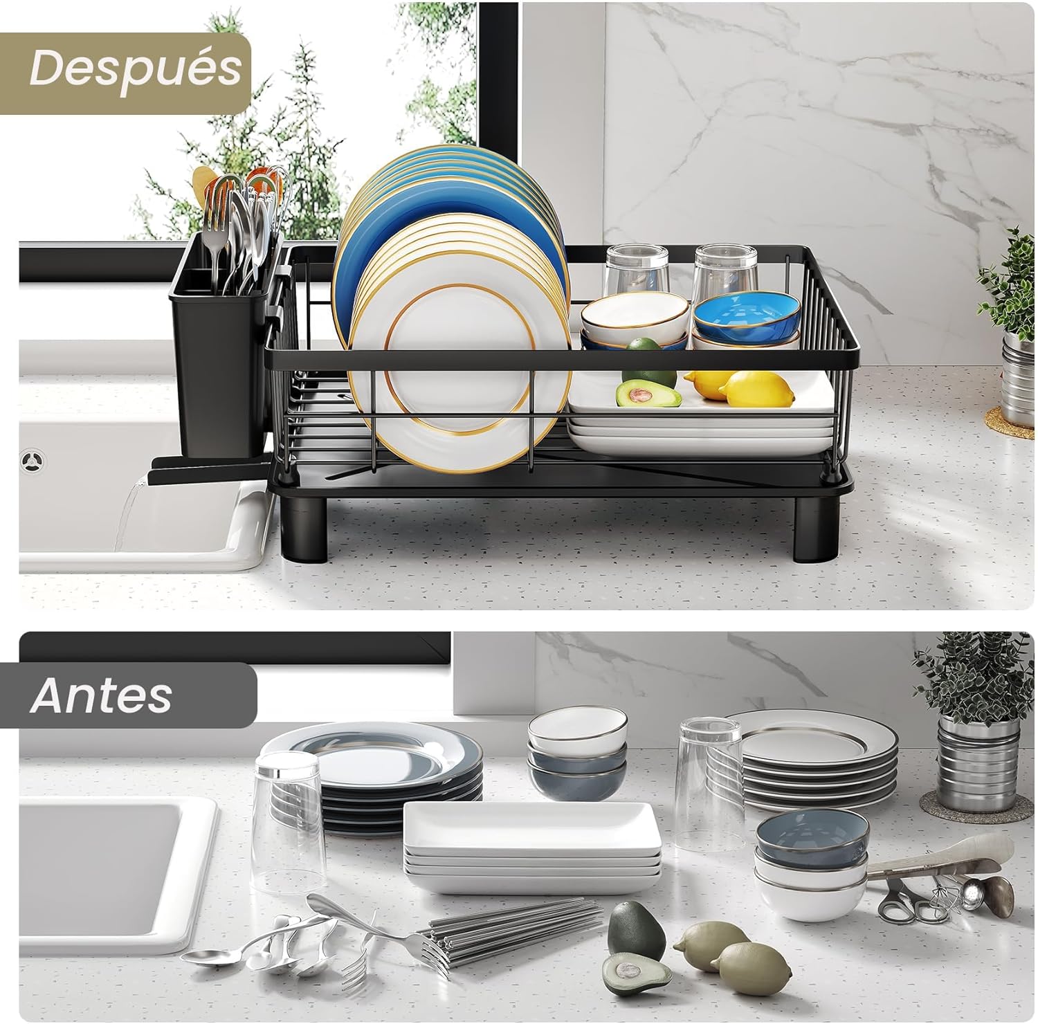 SNTD Escurridor de Platos - Escurridor de Platos Pequeño para Encimera de Cocina, Escurridor de Platos de Acero Inoxidable con Soporte para Utensilios y Bandeja de Goteo, 11" An x 15" L (Negro) - Image 6