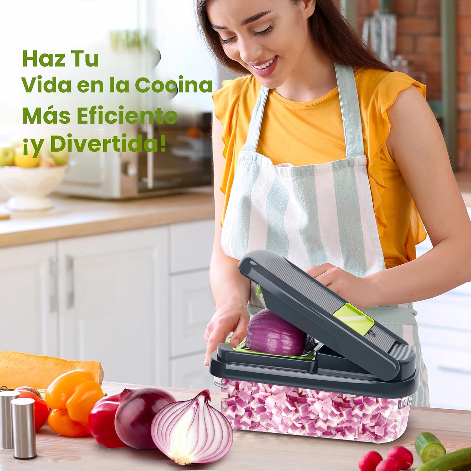Yusshn Picador de verduras, picador de alimentos multifuncional 12 en 1, picador profesional de cebolla con 7 cuchillas, cortador de verduras con recipiente para ensalada, papa, zanahoria y ajo - Image 2