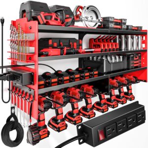 POKIPO Organizador Grande de Herramientas Eléctricas de Pared con Estación de Carga, Estante de Almacenamiento de Herramientas de Metal de 4 Capas de Alta Resistencia Soporta 272kg, Estante Utilitario