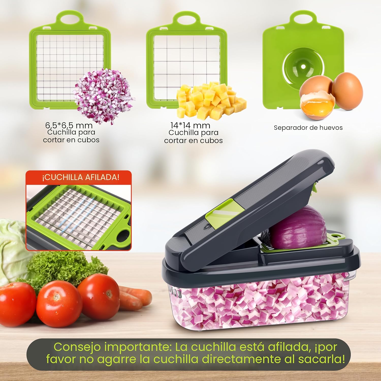 Yusshn Picador de verduras, picador de alimentos multifuncional 12 en 1, picador profesional de cebolla con 7 cuchillas, cortador de verduras con recipiente para ensalada, papa, zanahoria y ajo - Image 4