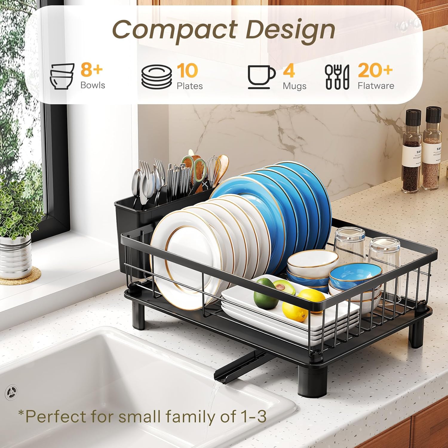SNTD Escurridor de Platos - Escurridor de Platos Pequeño para Encimera de Cocina, Escurridor de Platos de Acero Inoxidable con Soporte para Utensilios y Bandeja de Goteo, 11" An x 15" L (Negro) - Image 3