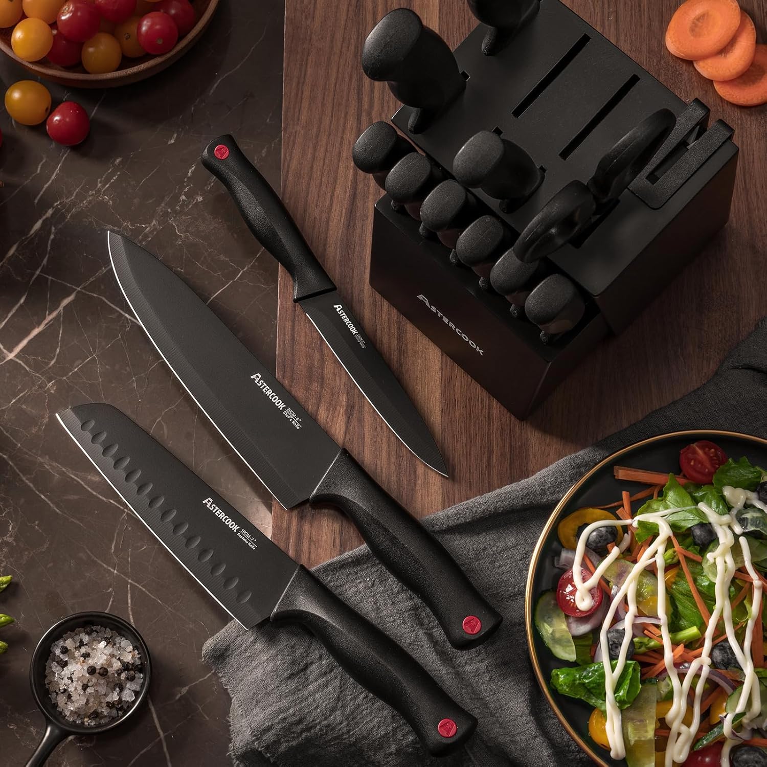 Astercook - Juego de cuchillos de 15 piezas para cocina con bloque, juego de cuchillos de cocina aptos para lavavajillas con bloque afilador integrado, juego de bloques de cuchillos de acero inoxidable alemán, color negro - Image 6
