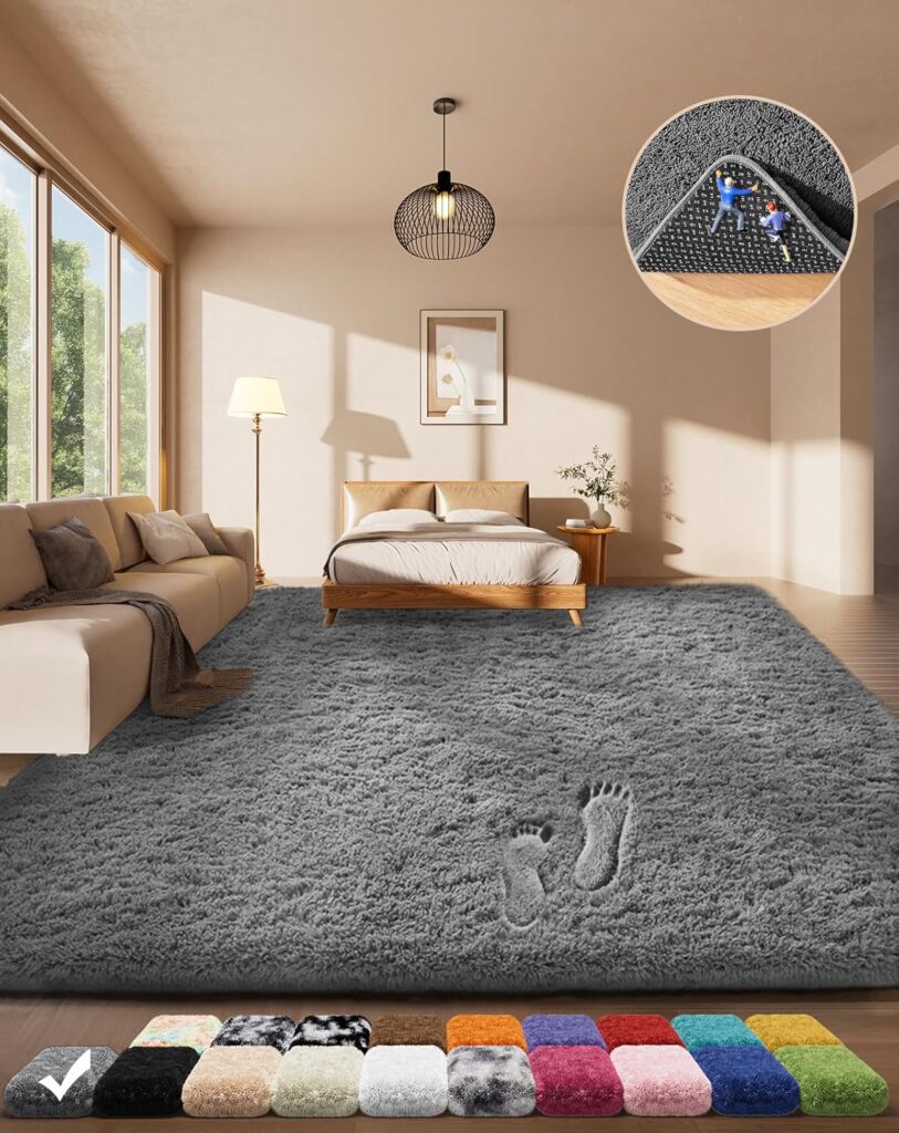 Ophanie - Alfombras para sala de estar y dormitorio, alfombra de felpa antideslizante y suave en color gris, alfombra gris para el suelo interior de 4 x 6 pies, alfombra peluda y esponjosa para sala