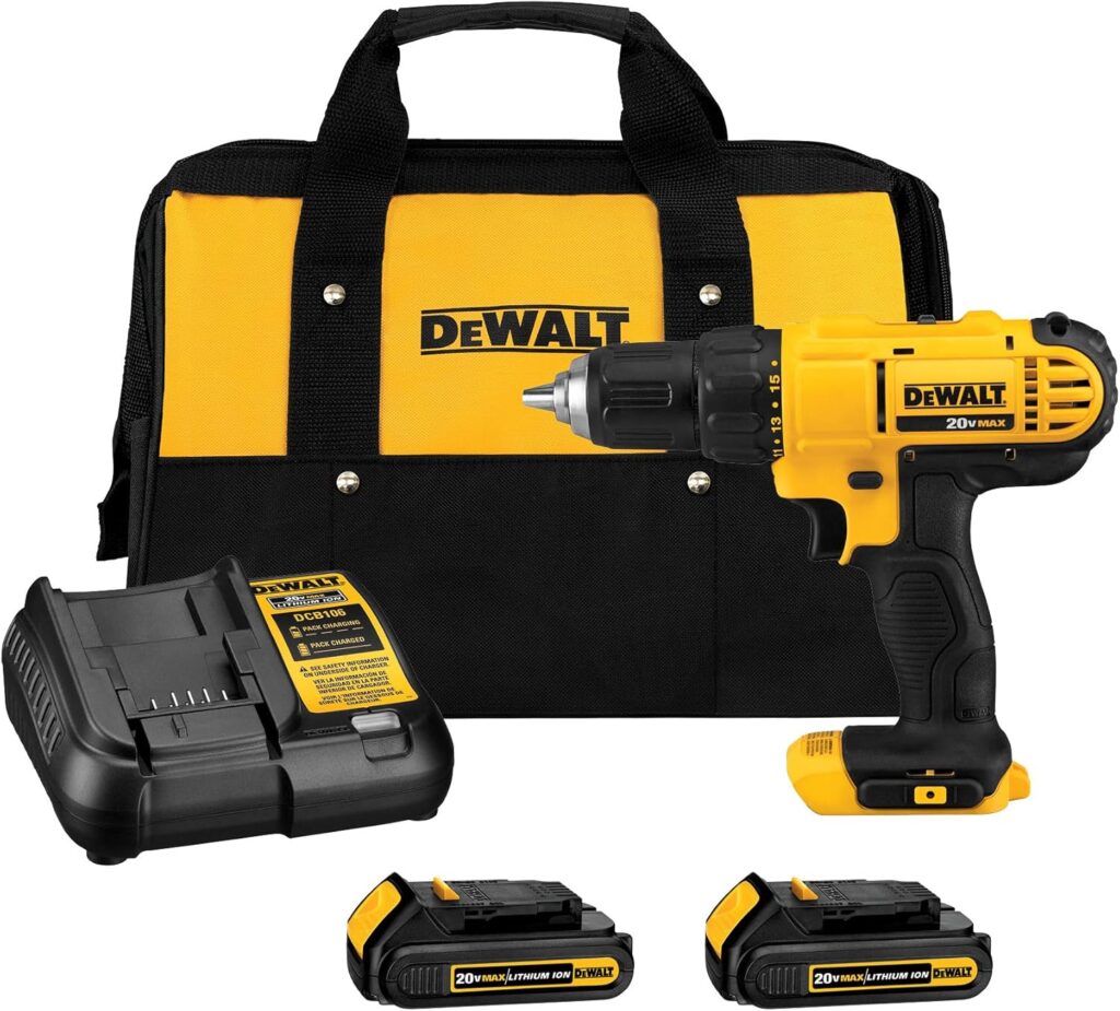 DEWALT Juego de Taladro Atornillador Inalámbrico de 20V Max, 2 Velocidades, Motor de Alto Rendimiento, Incluye 2 Baterías de Iones de Litio XR 1.3Ah, Cargador y Bolsa para Contratista (DCD771C2)