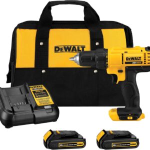 DEWALT Juego de Taladro Atornillador Inalámbrico de 20V Max, 2 Velocidades, Motor de Alto Rendimiento, Incluye 2 Baterías de Iones de Litio XR 1.3Ah, Cargador y Bolsa para Contratista (DCD771C2)