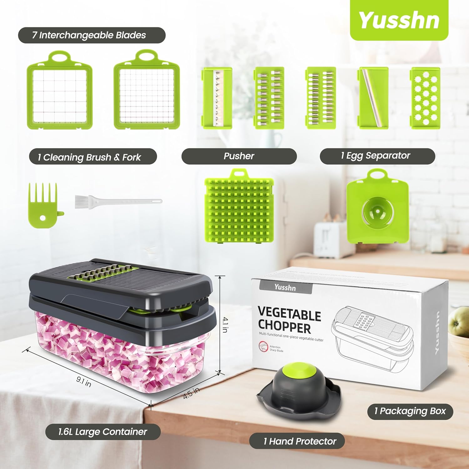 Yusshn Picador de verduras, picador de alimentos multifuncional 12 en 1, picador profesional de cebolla con 7 cuchillas, cortador de verduras con recipiente para ensalada, papa, zanahoria y ajo - Image 3