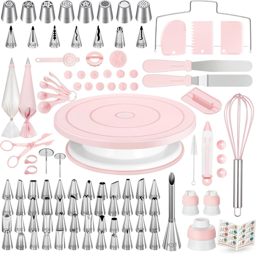 Kootek Kit de decoración de pasteles de 158 piezas, herramientas para hornear – Incluye soporte para tartas, juego de 64 puntas de glaseado, 2 espátulas de glaseado, 3 raspadores, 50+2 bolsas de pastelería, acoplador, video tutorial, folleto