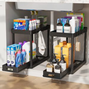 Paquete de 2 organizadores de almacenamiento extraíbles, organizador para debajo del fregadero y almacenamiento para baño y cocina, organizadores multiusos para debajo del gabinete, color negro