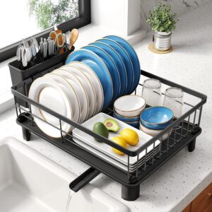 SNTD Escurridor de Platos - Escurridor de Platos Pequeño para Encimera de Cocina, Escurridor de Platos de Acero Inoxidable con Soporte para Utensilios y Bandeja de Goteo, 11" An x 15" L (Negro)