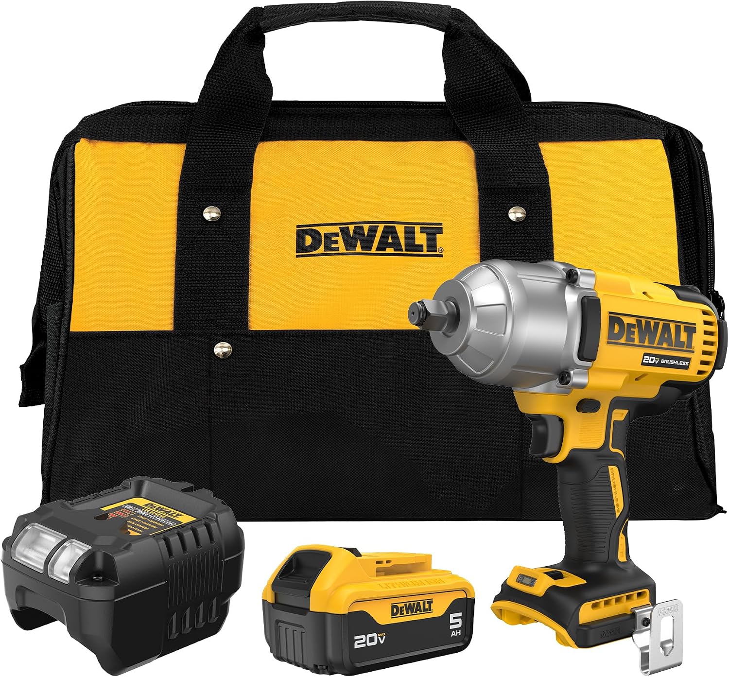 DEWALT Llave de impacto inalámbrica de 20 V MAX con yunque de anillo de cerdo, pistola de impacto de alto par 1/2 sin escobillas, velocidad de 4 modos, incluye batería, cargador y bolsa de kit