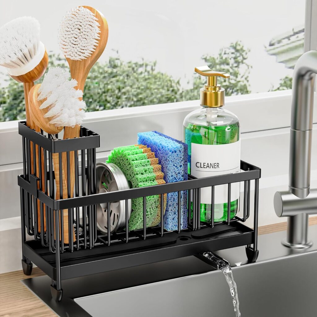 Cisily Soporte de esponja negro para fregadero de cocina, organizador de caddy de fregadero con soporte alto para cepillo, organizadores de encimera de cocina y elementos esenciales de almacenamiento