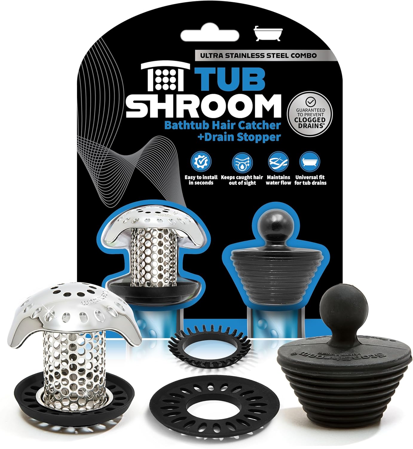 TubShroom Protector de drenaje de bañera ultra revolucionario, colador, trampa, acero inoxidable, combo de acero inoxidable