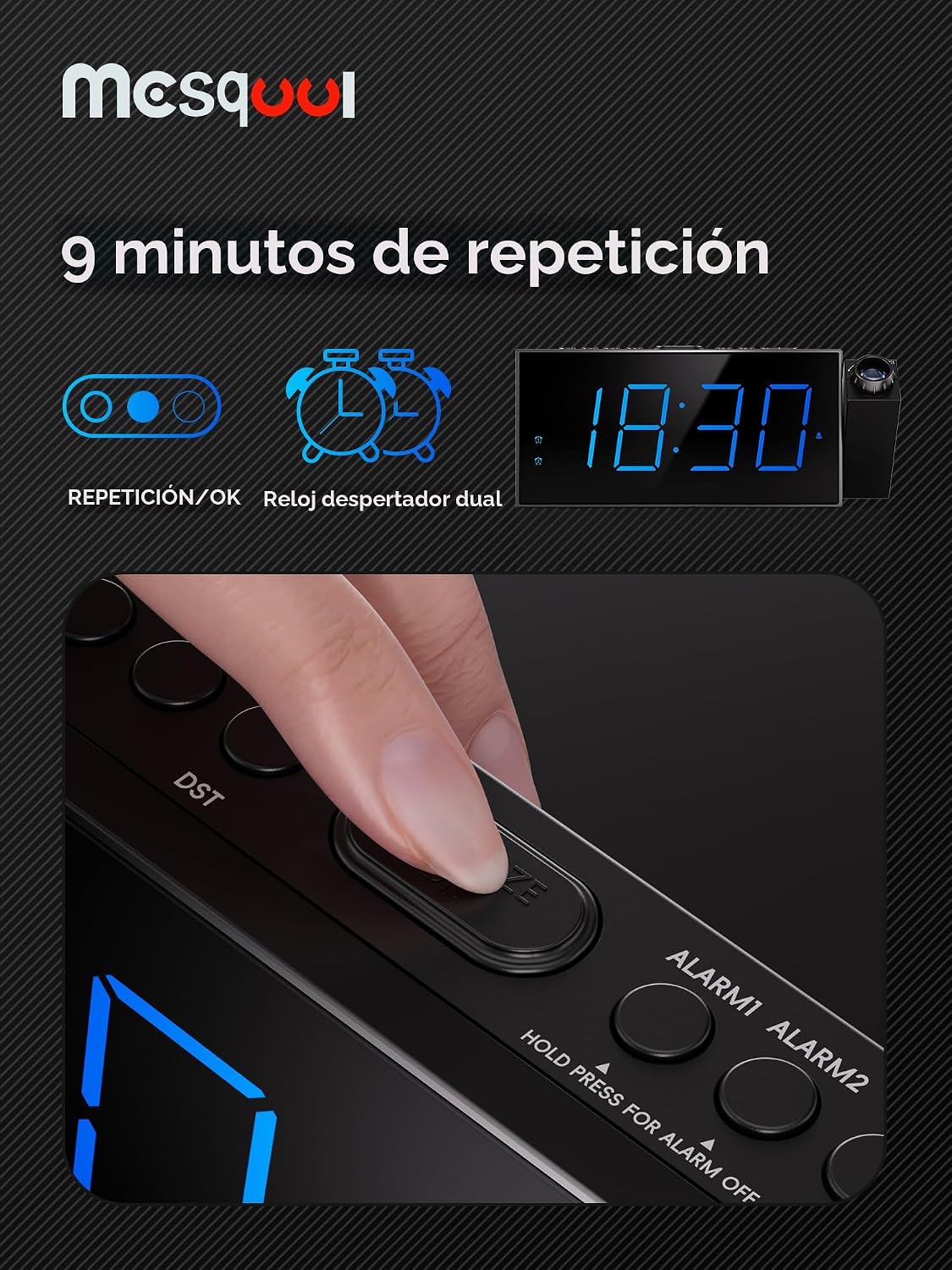 Reloj despertador digital con proyector para dormitorio, con LED grande, para proyección en pared y techo, giro de 180 °, atenuador, cargador USB, respaldo de batería, alarma de volumen fuerte dual, para personas con sueño pesado, niños y ancianos - Image 7
